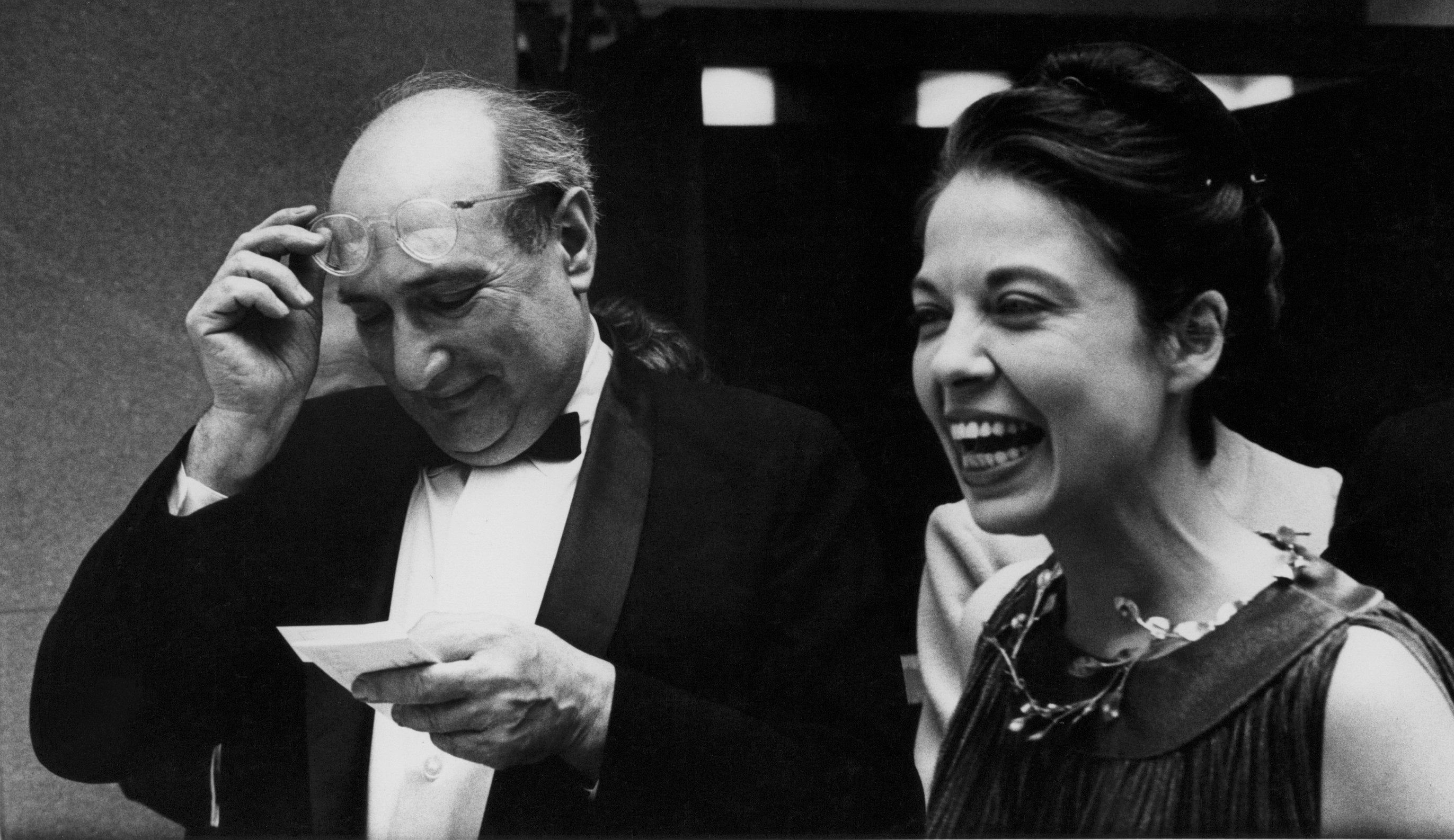 Two people at a formal event, black and white photograph